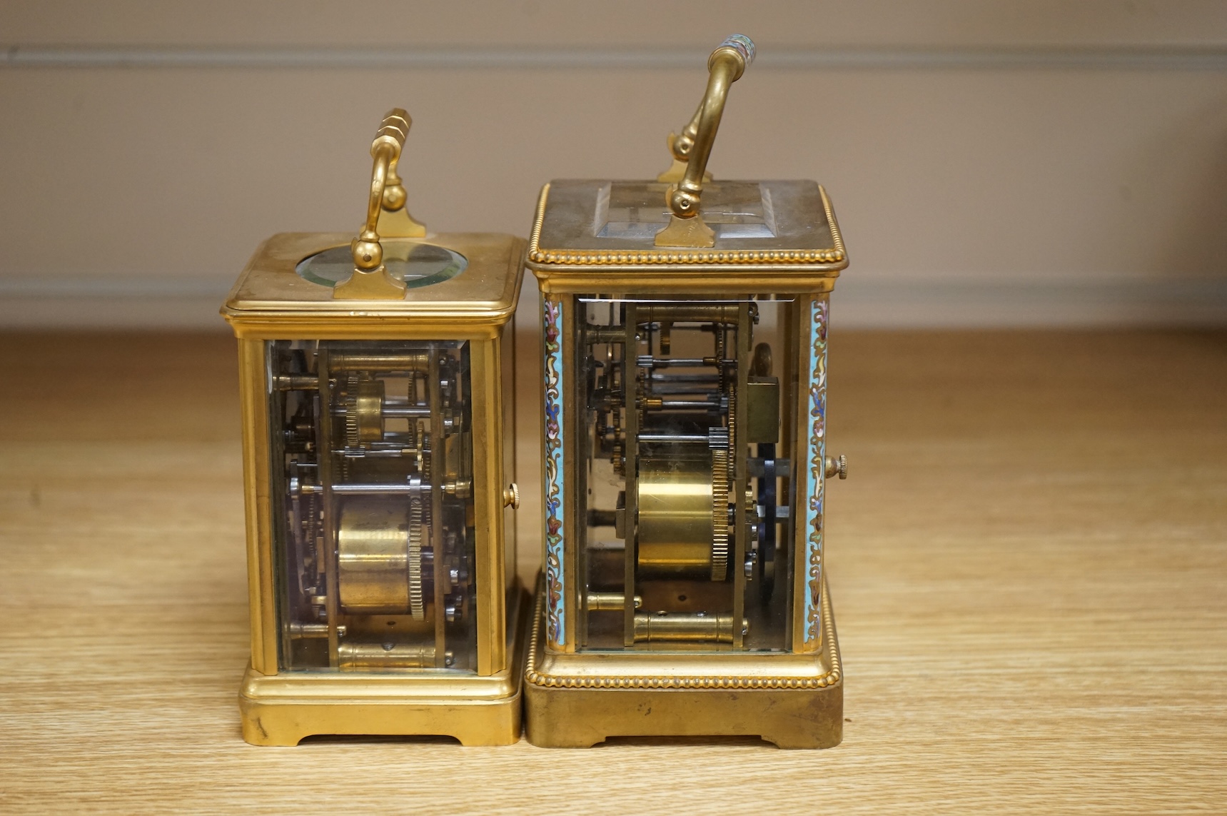 Two French carriage clocks, one champlevé enamelled, tallest 15cm